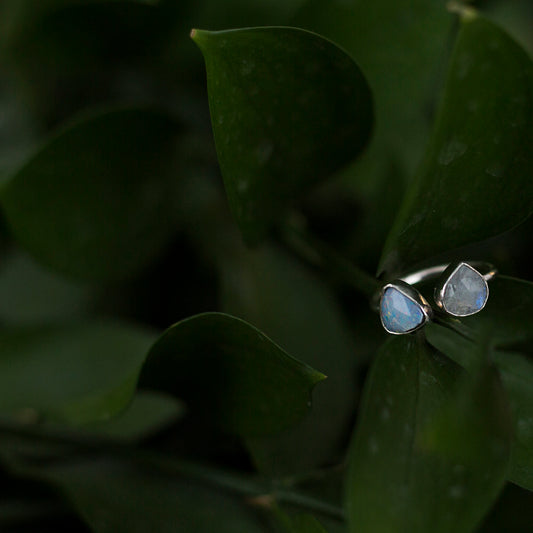 Moonstone and Coober Pedy opal open ring size 7.75